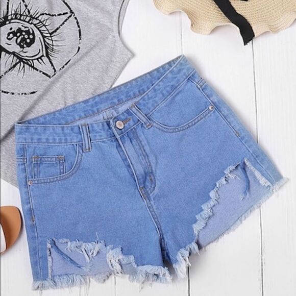 Bleach Wash Asymmetric Hem Frayed Denim Shorts - Picture 1 of 5
